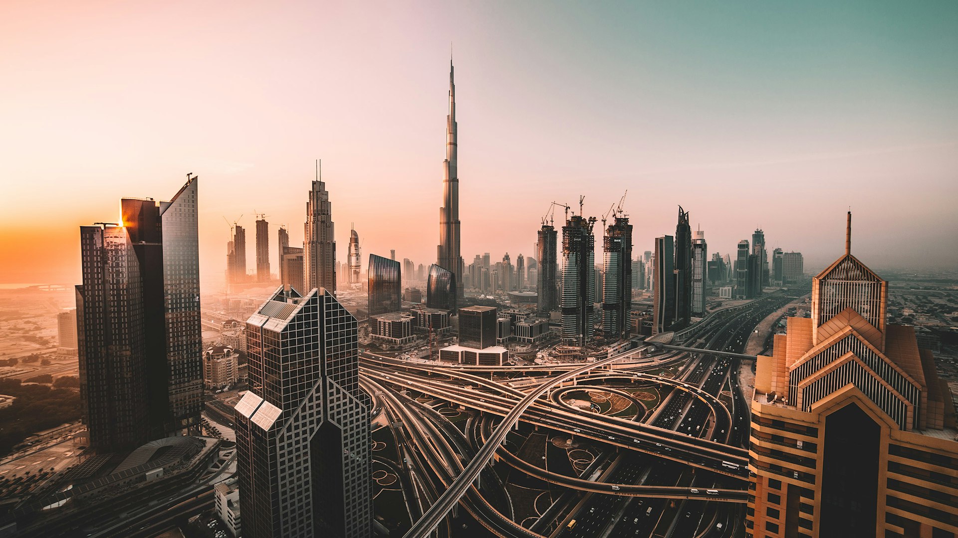 Dubai skyline at dusk, seen from the business district